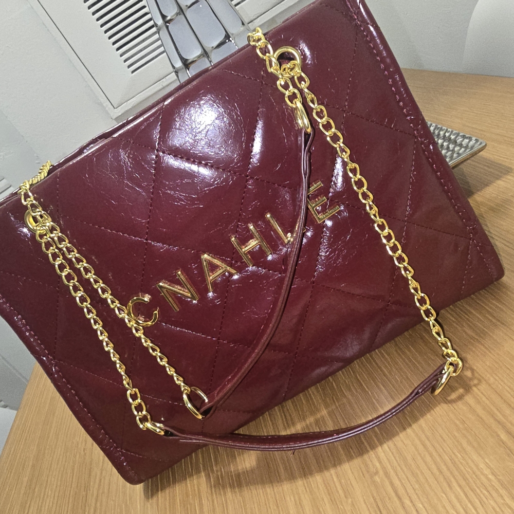 Maroon Quilted Shoulder Bag with Gold Chain